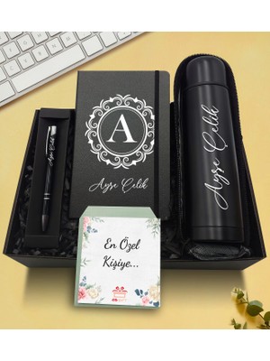 As Gift Kişiye Özel Deri Kılıflı Siyah Termos & Siyah Defter & Siyah Kalem Hediye Seti