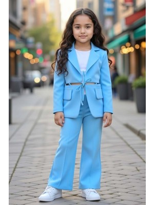 Riccotarz Kız Çocuk Cep ve Yırtmaç Detay Blazer Ceket Penye T-Shirt ve Bol Kesim Pantolon Mavi Alt Üst Takım