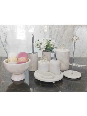 UltraMint Şık 9 Parça Beyaz Mermer Banyo Seti, Vazo ve Havluluk ile Kombinasyon