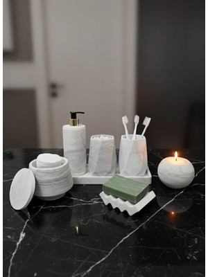 UltraMint Mermer Desenli Beton Banyo Seti, Tuvalet ve Sabunluk Dekorasyonu