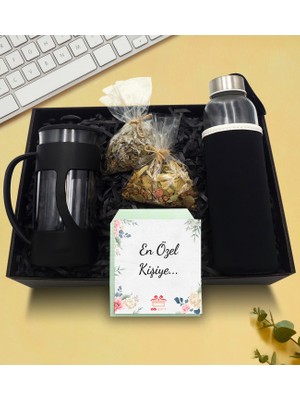 As Gift French Press & Kılıflı Cam Suluk & Ihlamur & Ada Çayı Hediye Seti