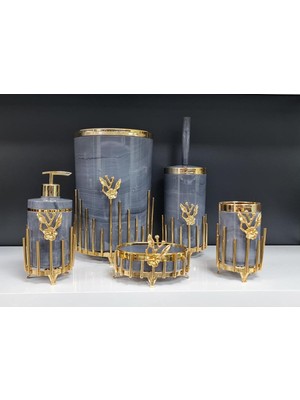 UltraMint 5 Parça Akrilik Yuvarlak Banyo Seti, Antrasit Mermer, Gold ve Kromaj