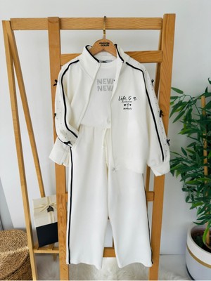 Miniğimin Cicileri Kol Fiyonk Taş Detaylı Fermuarlı Hırkalı 2 Li Takım - Ekru