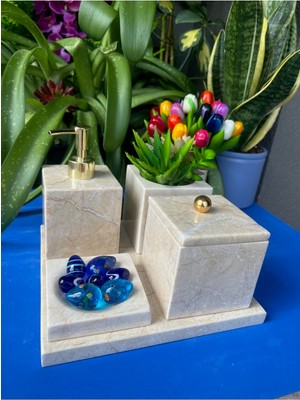 UltraMint Şık Bej Mermer Düz Kare Gold Top Detaylı 5’li Banyo Seti