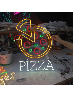 Neonled Yuvarlak Pizza & Pizza Dilimi Neon LED Figür Tabela Dekoratif Aydınlatma
