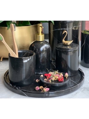 UltraMint Şık Siyah Mermer Desenli 5’li Banyo Seti, Zarif ve Kullanışlı Tasarım