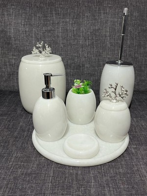 UltraMint Beyaz Mermer Oval Banyo Seti 7'li, Şık ve Zarif Tasarım