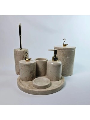 UltraMint Doğal Bej Mermer Banyo Seti, Detaylı 7 Parça Dekoratif Aksesuar