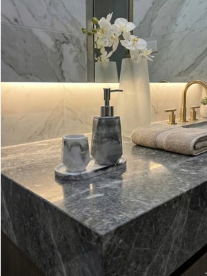 UltraMint Mermer Dokulu Epoksi Banyo Seti, Sıvı Sabunluk, Fırçalık ve Tepsi 3'lü