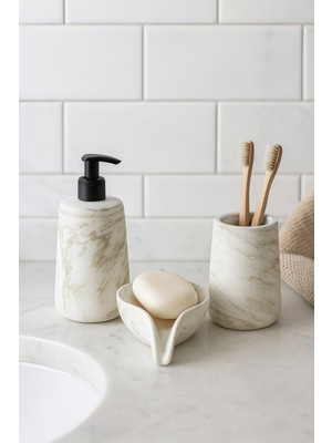 UltraMint Şık Mermer Desenli 3 Parça Banyo Seti, Sabunluk ve Diş Fırçalık