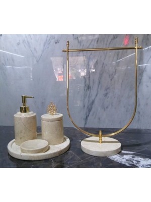 UltraMint Bej Mermer Banyo Seti 4'lü ve Gold Detaylı Havluluk, Şık ve Modern Tasarım
