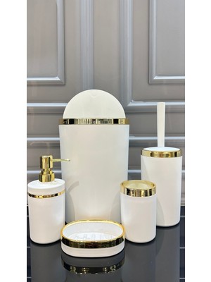 UltraMint Şık Yuvarlak Beyaz Gold 5'li Akrilik Banyo Seti, Modern ve Zarif Tasarım