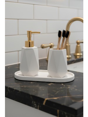 UltraMint Şık Beyaz Mermer Dokulu 3 Parça Banyo Seti: Sabunluk, Fırçalık, Tepsi