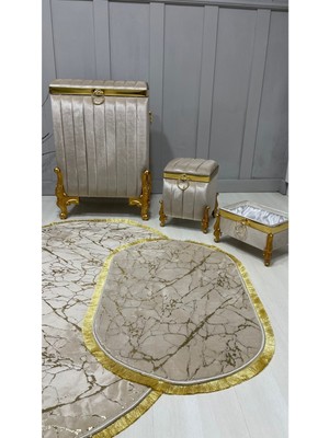 UltraMint Şık Ipek Kadife Çamaşır Sepeti ve Banyo Paspas Takımı Seti