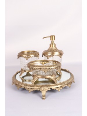 UltraMint Vintage Tasarım Leaves Banyo Seti, Aynalı Tepsili, Antik Pirinç Aksesuarlar