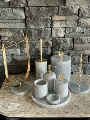 UltraMint Gri Doğal Mermer 9'lu Banyo Seti, Gold Zeytin Dalı Detaylı