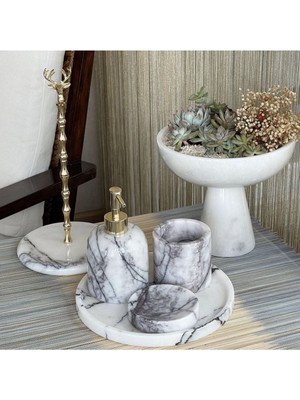 UltraMint Şık 5'li Mermer Desenli Banyo Seti, Gold Detaylı Dekoratif Tasarım