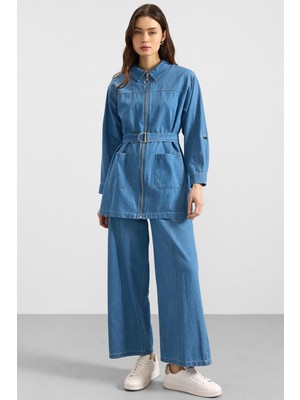 Olcay Fermuar Kapamalı Bol Paça Denim Ikili Takım Açık Mavi 9392-TK