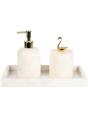 UltraMint Beyaz Mermer ve Altın Detaylı Dikdörtgen Tepsi 3’lü Banyo Seti