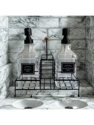 UltraMint 2'li Cam Dispenser Seti, Metal Taşıyıcılı Sabun ve Deterjan Şişeleri