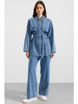 Olcay Pelerin ve Metal Düğmeli Ceket Pantolon Denim Ikili Takım Mavi 9393-TK