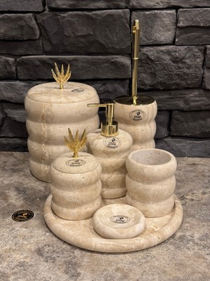 UltraMint Bambu Model Oval 7'li Doğal Taşlı Banyo Seti, Şık ve Fonksiyonel Kullanım