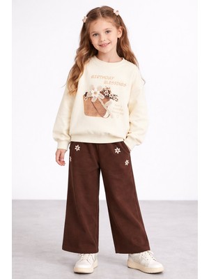 Cansın Mini Krem Papatya Nakış Detaylı Jean Pantolonlu Kız Çocuk 2li Takım 23520