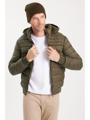 Tudors Erkek Relax Fit Rahat Kesim Çift Cepli Kapüşonlu Sıcak Tutan İçi Kürklü Haki Mont