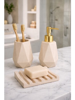 UltraMint Mermer Desenli Bej 3'lü Banyo ve Wc Seti Dekoratif Aksesuarlar