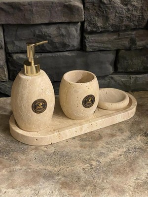 UltraMint Traverten Doğal Taşlı Oval 4'lü Banyo Seti, Şık ve Modern Tasarım