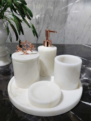 UltraMint Doğal Mermer Banyo Seti, Rose Gold, 5 Parça, Şık ve Estetik Tasarım