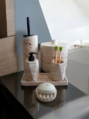 UltraMint Mermer Desen Bej Banyo Aksesuar Takımı, Tuvalet, Sıvı Sabunluk ve Diş Fırçalığı