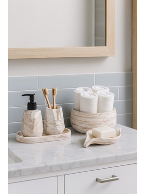 UltraMint Mermer Desenli 5 Parça Banyo Seti, Şık ve Işlevsel Dekorasyon