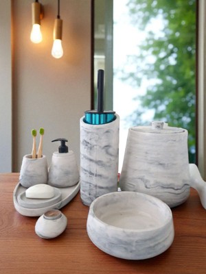UltraMint Mermer Desenli Beton Banyo Seti, Tuvalet, Çöp Kovası, Sabunluk, Tepsi