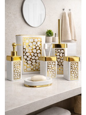 UltraMint Şık Gold Detaylı 5'li Banyo Aksesuar Seti, Zarif ve Fonksiyonel Tasarım
