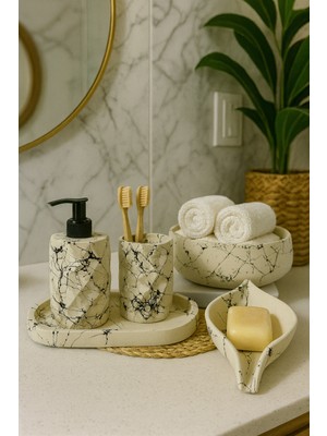 UltraMint Şık Mermer Desenli 5 Parça Banyo Seti, Sabunluk, Diş Fırçalık, Havluluk ve Tepsi