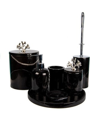 UltraMint Şık Siyah Mermer ve Mercan Detaylı 7'li Banyo Seti Takımı