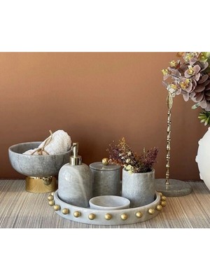 UltraMint Şık Gri Mermer Top Detaylı 7'li Banyo Seti, Zarif ve Kullanışlı Tasarım