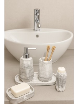UltraMint Mermer Desenli 5 Parça Banyo Seti: Sabunluk, Diş Fırçalık, Mumluk, Oval Tepsi