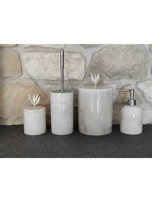 UltraMint Beyaz Mermer Desenli Gümüş Zeytin Dalı Detaylı 4'lü Banyo Seti