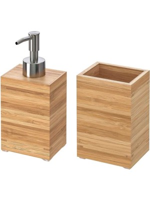 UltraMint Bambu Banyo Seti 2 Parça, Ahşap Sıvı Sabunluk ve Fırçalık, Kahverengi