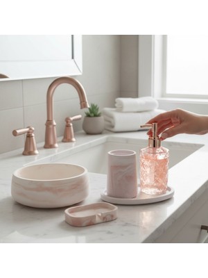 UltraMint Şık 5'li Banyo Seti, Taş ve Cam Detaylar, Beyaz-Kahve Mermer Desenli
