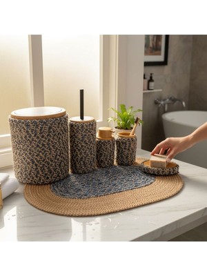 UltraMint Doğal Dokulu Hasır Görünümlü 6'lı Banyo Takımı, Zarif ve Modern Tasarım