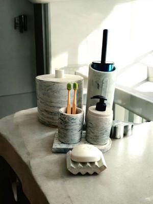 UltraMint Yeşil Mermer Desenli Banyo Seti, Çöp Kovası, Sabunluk, Fırçalık, Mumluk