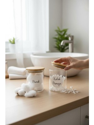 UltraMint Cam Banyo Seti, Bambu Kapak, 200 Ml, Pamuk ve Kulak Pamuğu Kavanozu