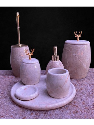 UltraMint Bej Mermer Rose Gold Bombeli Geyik Detaylı 7'li Banyo Seti