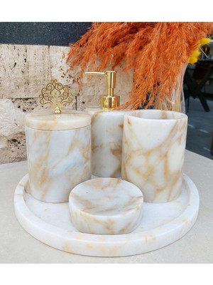 UltraMint Doğal Mermer Banyo Seti, Beyaz ve Sarı Renk Seçenekleri 5'li