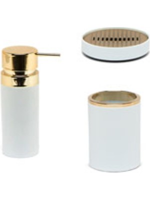 UltraMint Modern 3'lü Banyo Aksesuar Seti, Beyaz ve Altın Detaylarla Şıklık