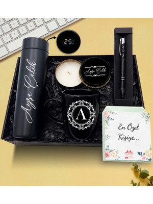 As Gift Kişiye Özel Dereceli Termos & Siyah Kupa & Siyah Kalem & Siyah Metal Kutulu Mum Hediye Seti