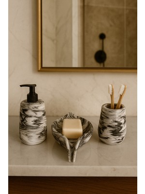 UltraMint Şık Mermer Desenli 3 Parça Banyo Seti, Sabunluk ve Diş Fırçalık